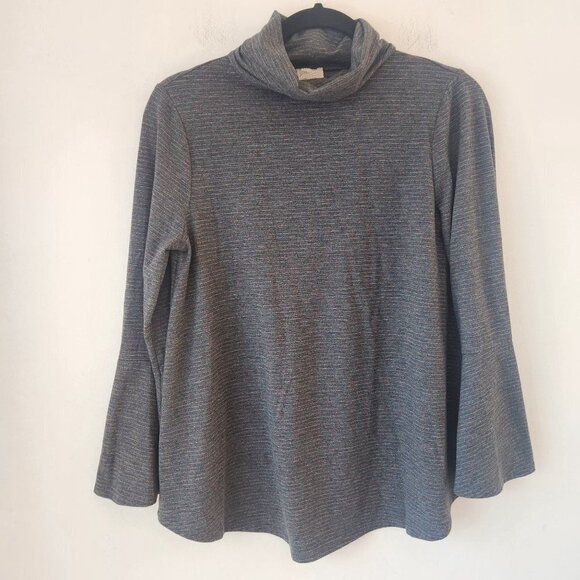 Anthropologie Postmark Liz Grey Metallic Striped Shirt Bell Sleeve Turtleneck XS - Picture 2 of 8